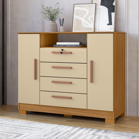 Cômoda para Quarto 2 Portas e 4 Gavetas com Chave 120,5cm com Pés Floripa Bege/Carvalho Americano/Off White