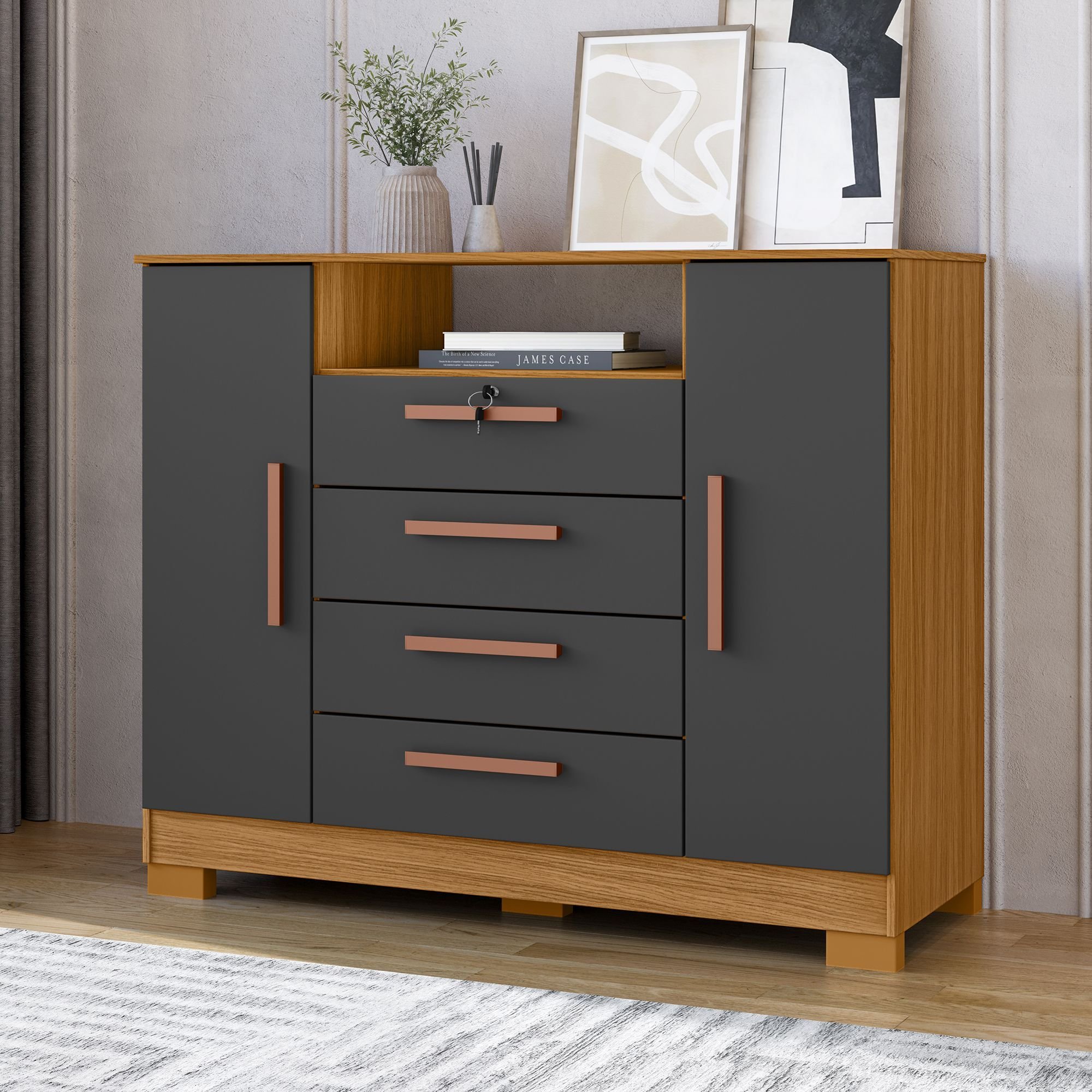 Cômoda para Quarto 2 Portas e 4 Gavetas com Chave 120,5cm com Pés
