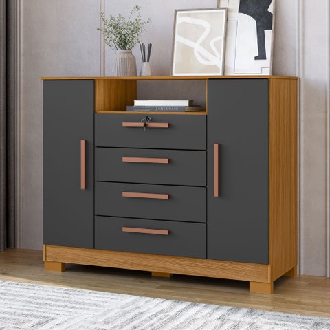 Cômoda para Quarto 2 Portas e 4 Gavetas com Chave 120,5cm com Pés Floripa Cinza/Carvalho Americano/Grafite