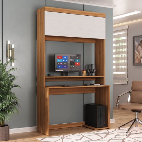 Escrivaninha Mesa Escritório para Computador Viena 1 Porta 120cm Nogal e Branco Yescasa