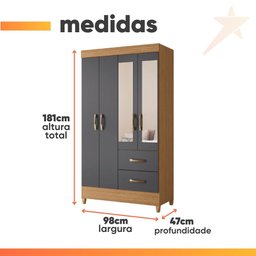 Guarda Roupas Solteiro com Espelho 4 Portas 2 Gavetas Mobi Nature / Grafite Albatroz - 3