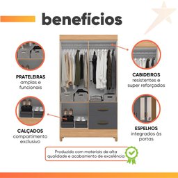 Guarda Roupas Solteiro com Espelho 4 Portas 2 Gavetas Mobi Nature / Grafite Albatroz - 4