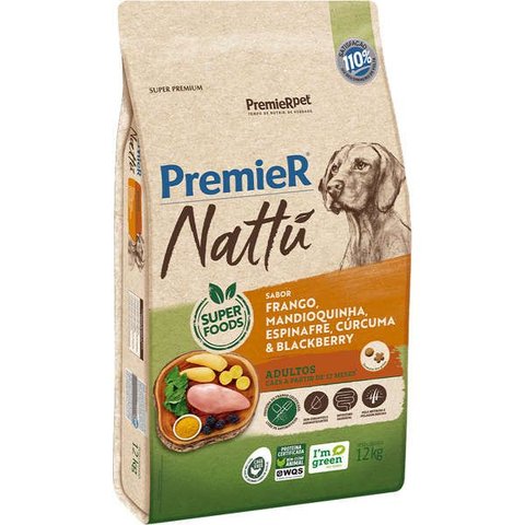 Ração Premier Nattu para Cães Adulto Raças Médias e Grandes Sabor Mandioquinha 12kg