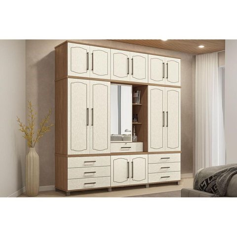 Guarda Roupa Casal 13 Portas e 7 Gavetas C/ 1 Espelho Londres Capelinha Jatoba/areia - Santos Andir