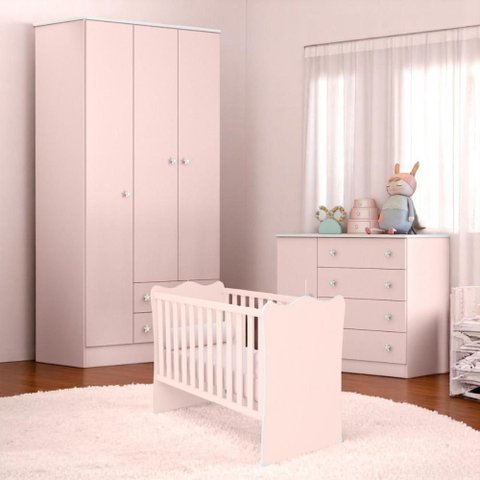 Conjunto Infantil Doce Sonho Rosa Acetinado: Berço Doce Sonho + Kit Rodízios + Cômoda Doce Sonho