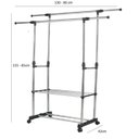 Ver imagem 5 de Cabideiro Duplo Inox Extensível com Rodinhas 2 Prateleiras Sapateira Organizador de Roupas Arara Mul