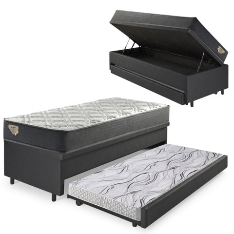 Bicama Box Baú Viúva 120x203 Courino Linho Preto com Colchão Adapto Molas Ensacadas Ecoflex