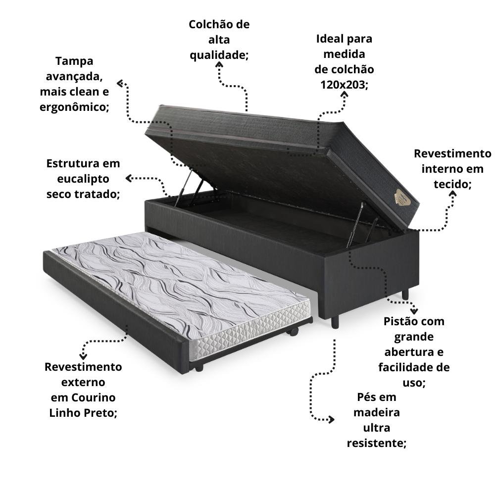 Bicama Box Baú Viúva 120x203 Courino Linho Preto com Colchão Adapto Molas Ensacadas Ecoflex - 6