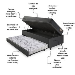 Bicama Box Baú Viúva 120x203 Courino Linho Preto com Colchão Adapto Molas Ensacadas Ecoflex - 5