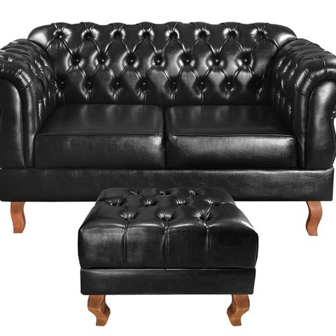 Sofá 2 Lugares com Puff Duquesa Decoração Sara Recepção Chesterfield Preto