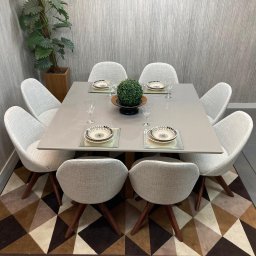 Sala de Jantar Mesa Versatille Quadrada Com 8 Cadeiras Dilly Giratórias D'Confort Design Suede Azul  - 4