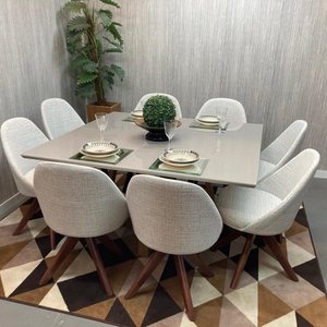 Sala de Jantar Mesa Versatille Quadrada Com 8 Cadeiras Dilly Giratórias D'Confort Design Suede Azul 
