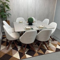 Sala de Jantar Mesa Versatille Quadrada Com 8 Cadeiras Dilly Giratórias D'Confort Design Suede Azul  - 3