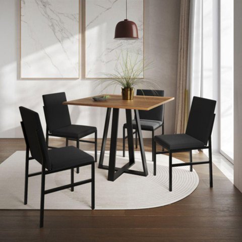Conjunto de Jantar Mesa Mônaco 90cm Tampo Imbuia com 4 Cadeiras Estofadas Preto