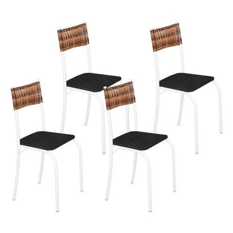 Kit 4 Cadeiras Atlanta Corino Tempest Preto e Rattan Carvalho Tubo Branco