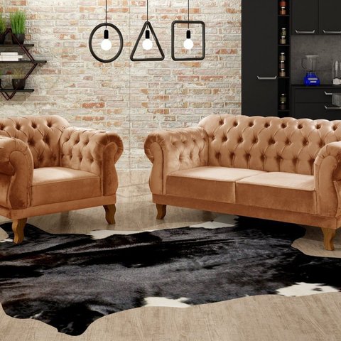 Sofá 2 e 1 Lugares Duquesa Decoração Sala Recepção Retrô Cobre Terracota