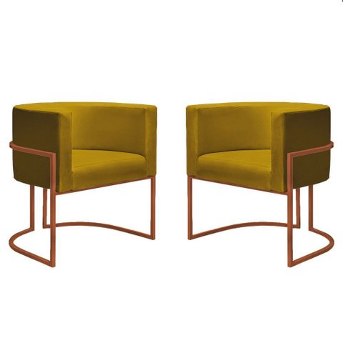 Kit 2 Poltronas Reforçada Decorativa Sala Nayara Base Ferro Bronze Suede Amarelo