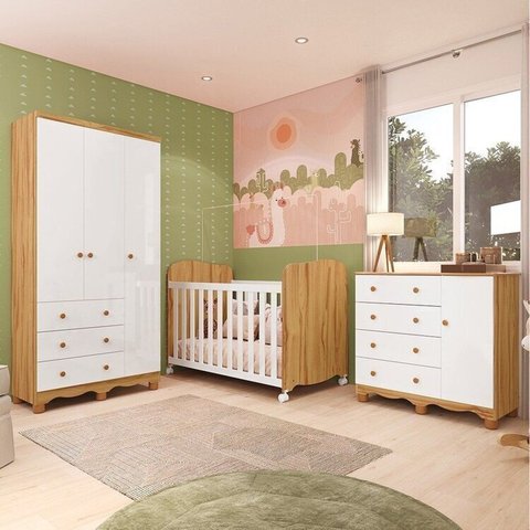 Quarto de Bebê Completo Berço, Cômoda e Guarda Roupa MDF Mimo Espresso Móveis Branco Brilho/Amêndoa