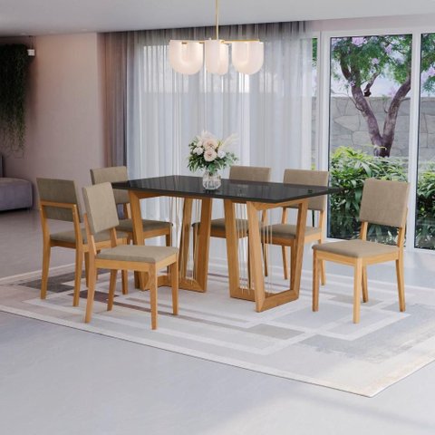 Conjunto Sala de Jantar Dora em Madeira Maciça 6 Cadeiras Linho Fendi