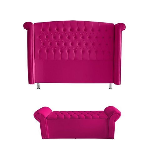 Kit Realeza Cabeceira de Cama Box e Calçadeira Baú King 195 Cm Suede Rosa Pink Eli Móveis