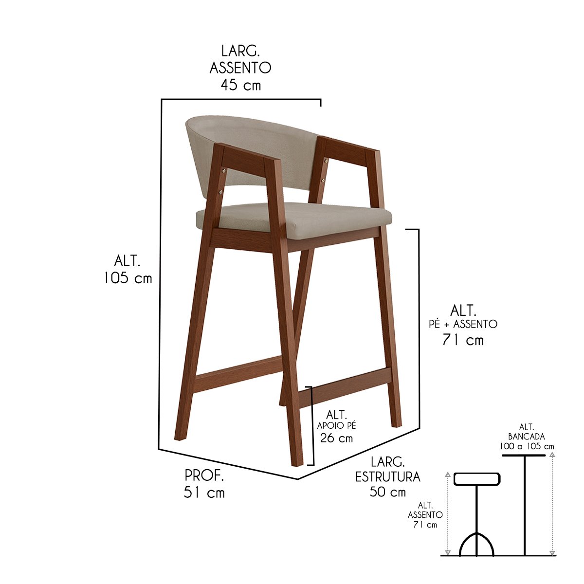 Kit 2 Banquetas Alta de Madeira Maciça Pinhão Ravena com Encosto Suede Bege Ccs - 3