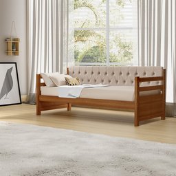 Sofá Cama Solteiro Verona Mona Castanho Estofado Capitonê Veludo Bege - 2