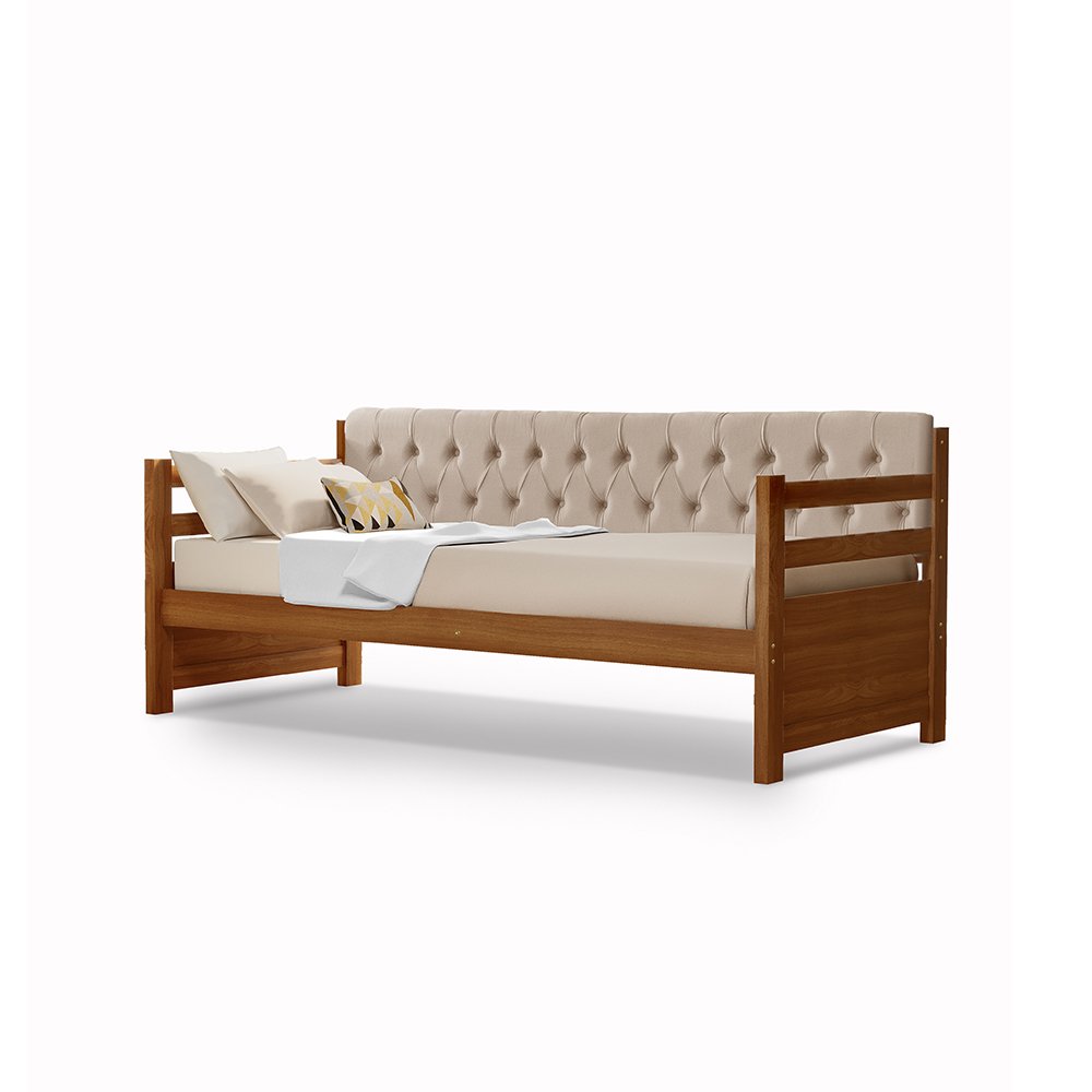 Sofá Cama Solteiro Verona Mona Castanho Estofado Capitonê Veludo Bege