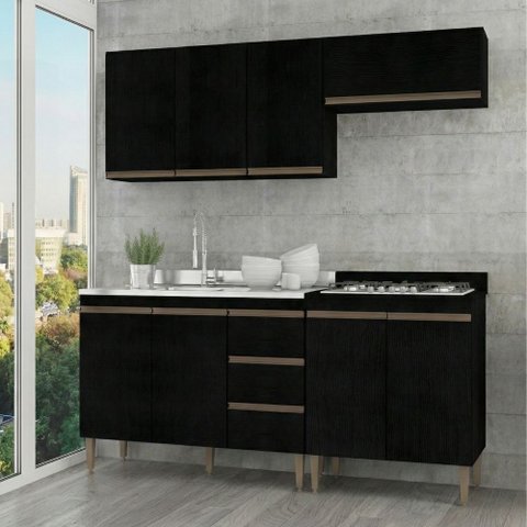Armário de Cozinha Compacta Modulada 200cm 4 Peças Milão Menu Móveis Preto