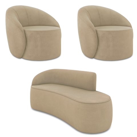 Sofá 4 Lugares Orgânico 220cm Morgan e 2 Poltronas Lua Suede Marrom Rato D03 - D’Rossi