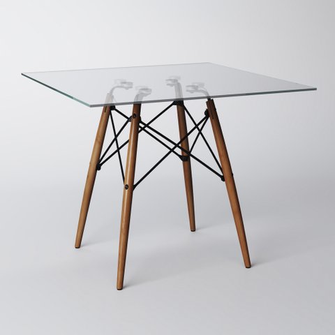 Mesa Eames Eiffel Quadrada 90cm Tampo de Vidro Base de Madeira