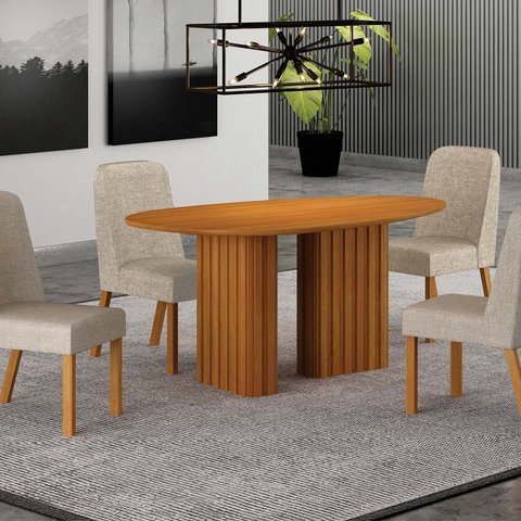 Conjunto Sala de Jantar Tampo Orgânico MDF 135m com 4 Cadeiras Isis Marrom/Cinamomo/Palha