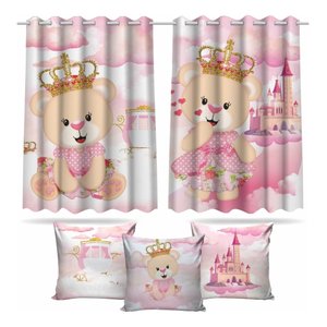 Kit Cortina + 3 Capas Almofadas Infantil Ursinha Princesa 02