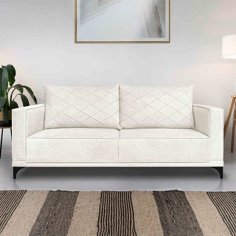 Sofá Living 3 Lugares com Pés de Ferro Almofadas Soltas 220cm Neso Bouclê Off White G63 - Gran Belo