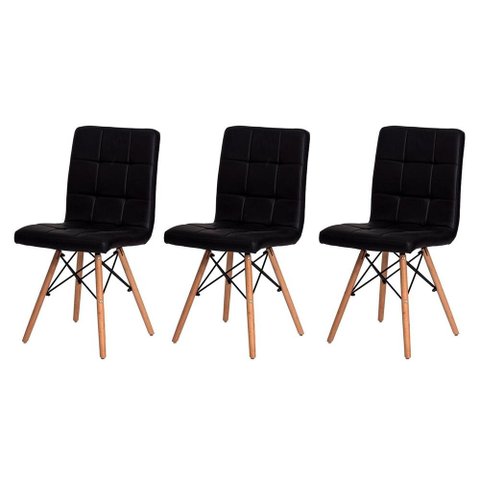 Kit 3 Cadeiras para Sala de Jantar Gomos com Base de Madeira Preta