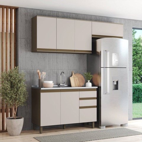 Cozinha Compacta Modulada 3 Peças 100% MDF com Aéreo 3 Portas Connect Marrom/Duna/Cristal