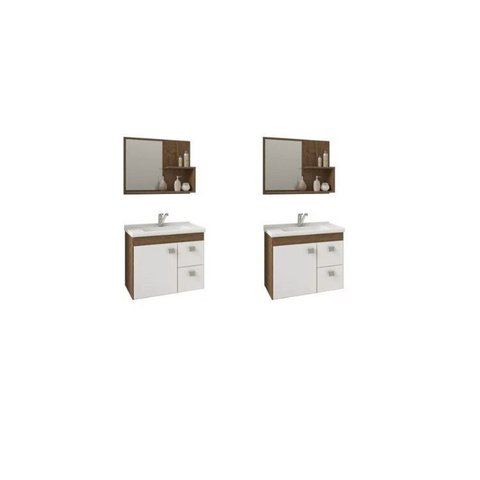 Kit com 2 Gabinetes Suspensos com Cuba e Espelheira Isa Marrom/Amêndoa/Branco