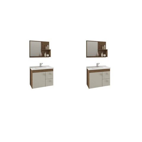 Kit com 2 Gabinetes Suspensos com Cuba e Espelheira Isa Marrom/Amêndoa/Off White