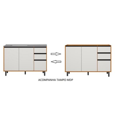 Balcão 1,20 FLEX C/TAMPO RAVENA 3 PORTAS 2 GAVETAS -  FREIJO UV/OFF ACETINADO POLIMAN