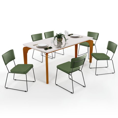Mesa De Jantar Capri 160cm Off White Nature Com 6 Cadeiras Allana B05 Facto Verde Musgo - Lyam