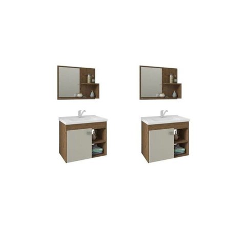 Kit com 2 Gabinetes Suspensos com Cuba e Espelheira Bia Marrom/Amêndoa/Off White