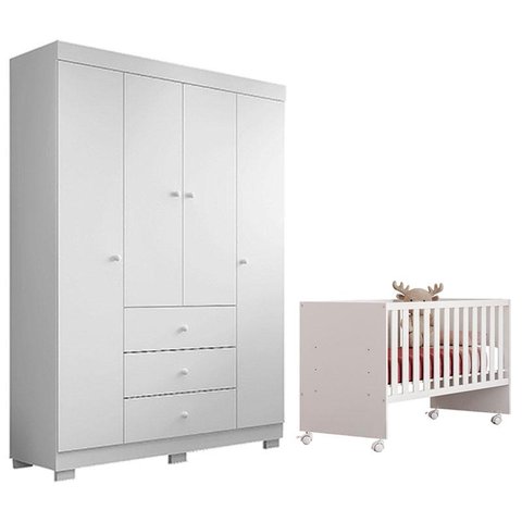 Berço Nacional Doce Sonho 3540 com Guarda Roupa Duda 4 Portas Branco Brilho – Phoenix Baby
