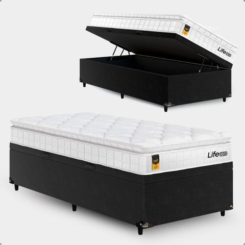 Cama Box Baú Solteiro Preto + Colchão Life D33 Pillow Top 61x88x188cm Branco - e-Shop Casa