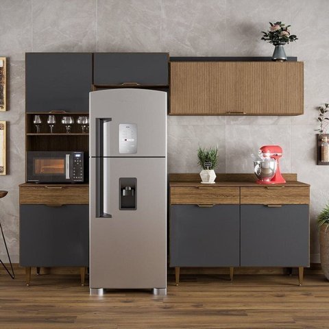 Cozinha Compacta Modulada 4 Peças 6 Portas 3 Gavetas Vittoria Cinza/Ipê Wood/Grafite