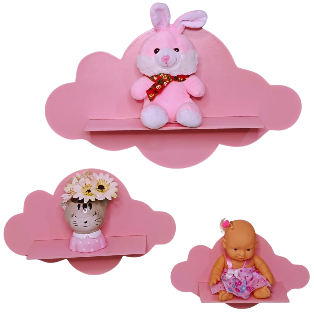 Trio de Nichos Nuvem em Mdf Prateleira Decorativa para Quarto Infantil Rosa