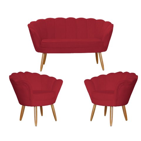 Kit Namoradeira + 2 Poltronas Decorativa Pétala Suede Vermelho Pés Madeira Mz Decor