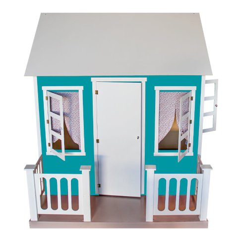 Casinha de Brinquedo com Cercado e Cortinas Azul/Branco - Criança Feliz