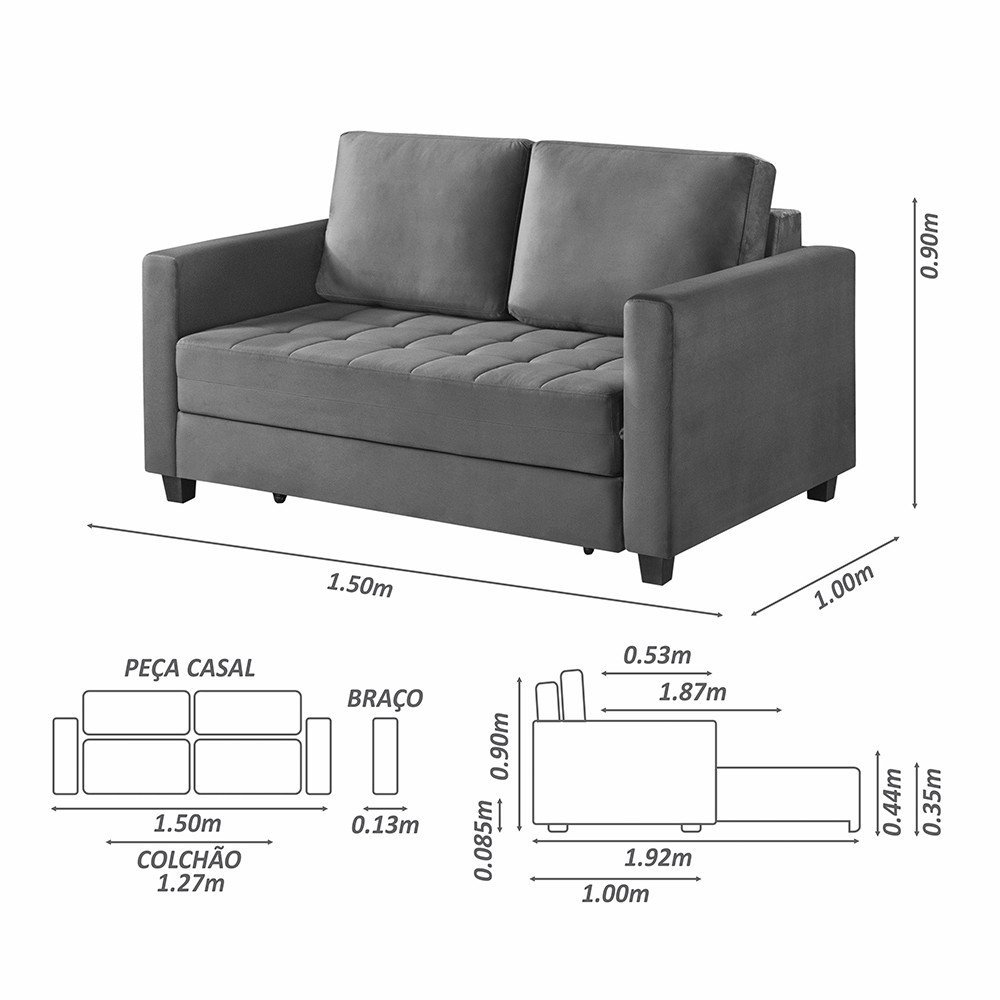 Sofá Cama Marcelle 2 Lugares 150 Casal Veludo Paris Pés de Madeira Talento Móveis - 2