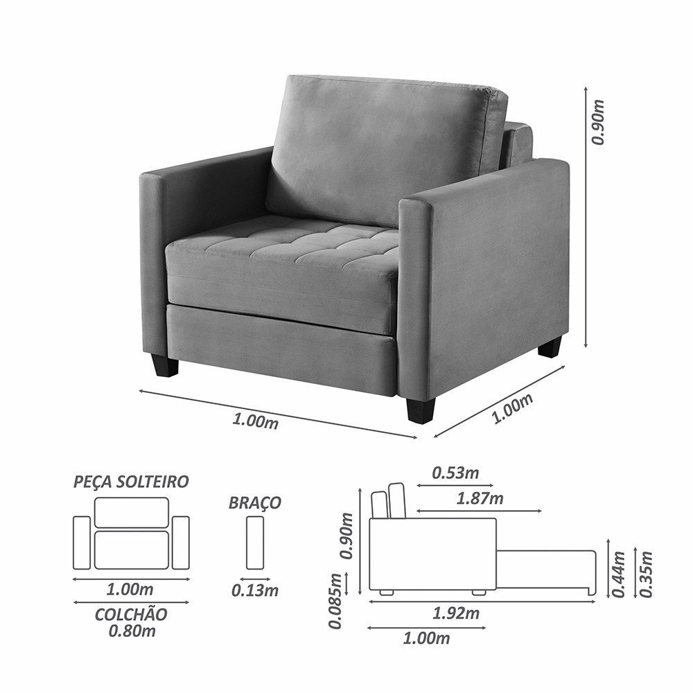 Sofá Cama Marcelle 1 Lugar 100 Solteiro Veludo Paris Pés de Madeira Talento Móveis - 2