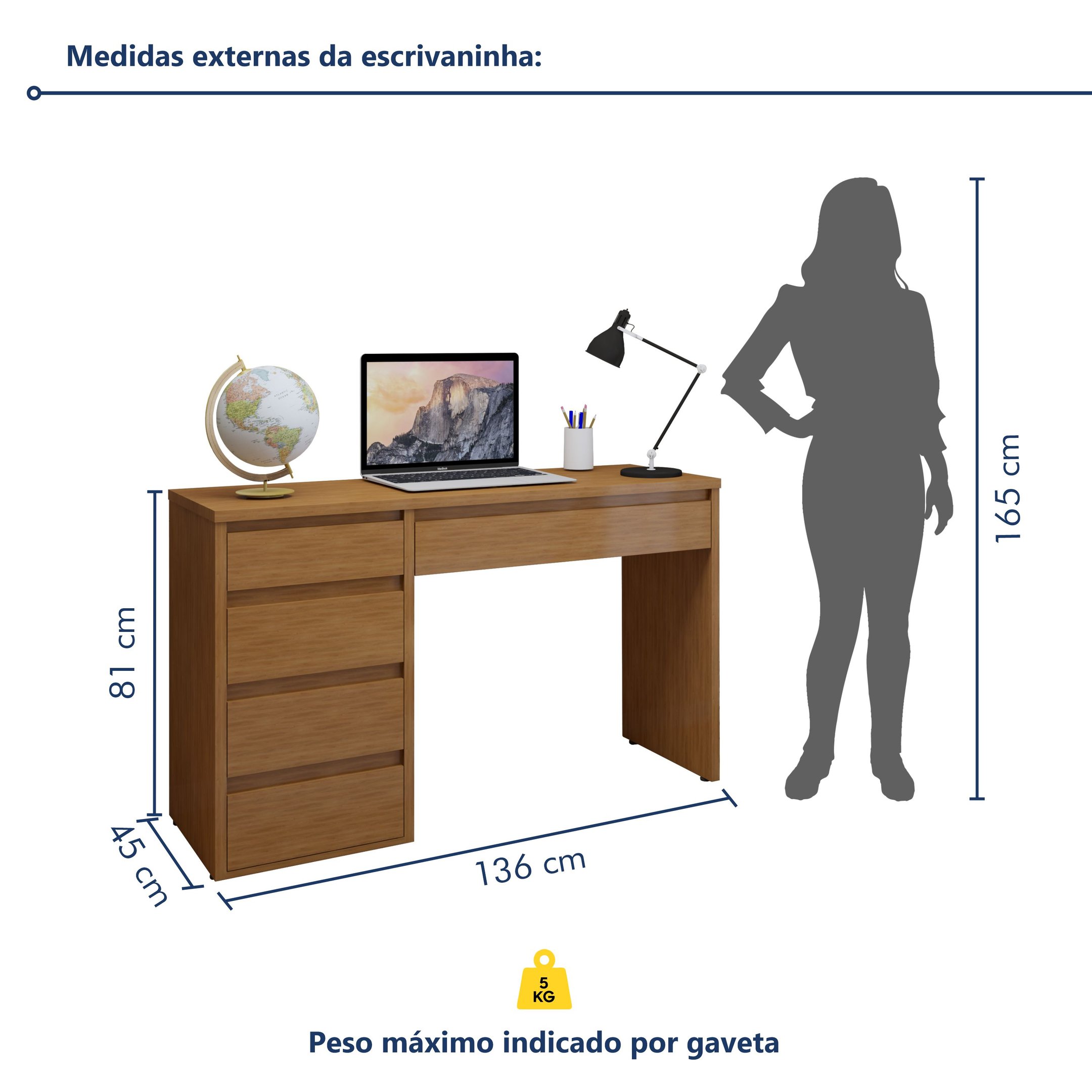 Escrivaninha 5 Gavetas 100% MDF Berlim Yescasa - 8