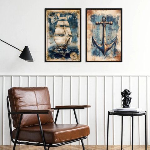 Kit 2 Quadros Arte Nautica - Barco e Âncora 24x18cm:moldura Branca